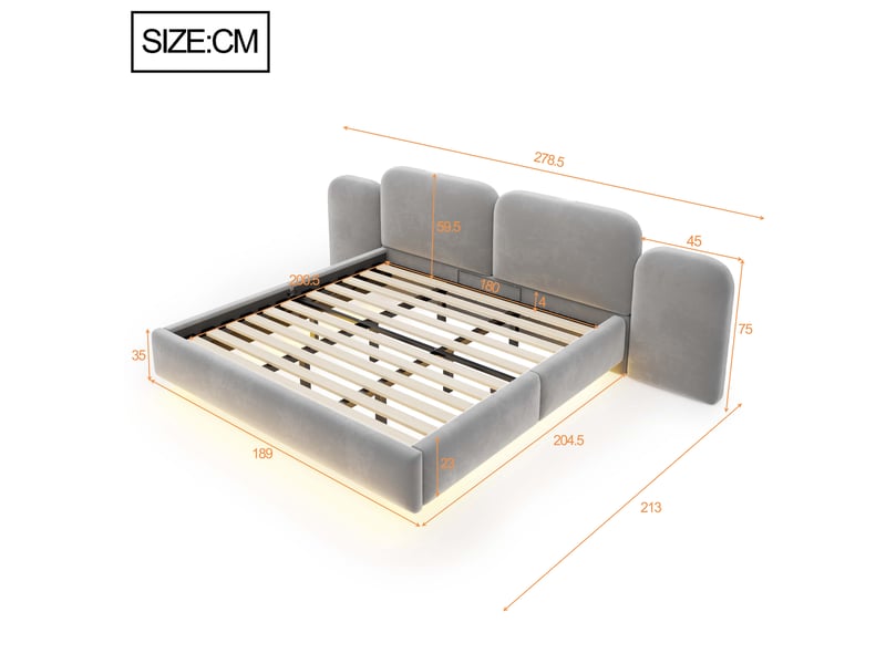  Lit capitonné double 180x200 cm lit coffre hydraulique lit rembourré en velours avec rangement bande led ports usb, gris  - Conforama E