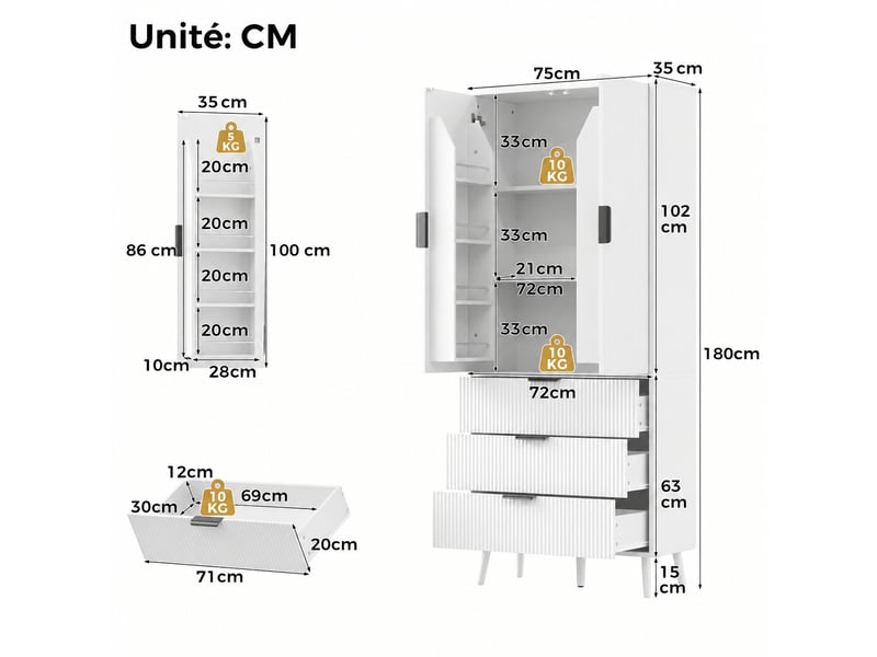 Meuble de cuisine muvano blanc, buffet haut à portes rainurées, 3 tiroirs, 75 × 35 × 180 cm - Conforama W