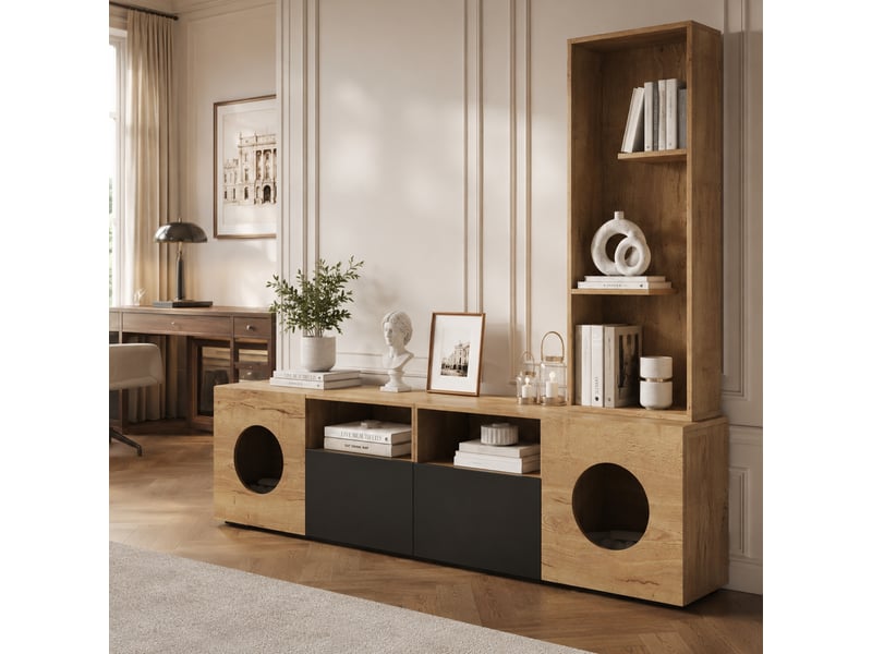  Meuble tv avec étagère haute, niches ouvertes, portes et espace  en bois massif, pour salon, 185×40×162 cm  - Conforama C