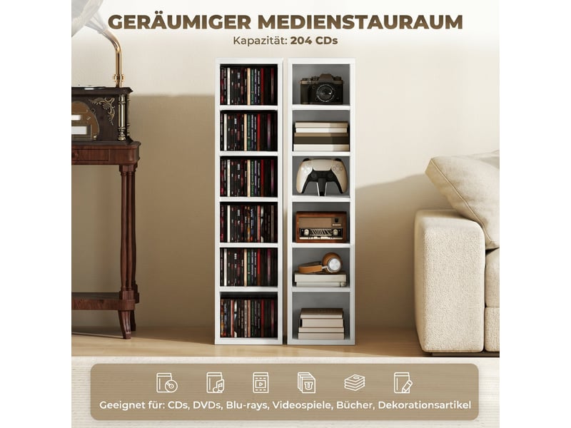  Ensemble de 2 étagères de rangement pour cd (204 cc), support tour blu-ray avec étagères réglables, organiseur de bibliothèque, blanc  - Conforama E