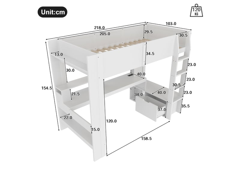  Lit mezzanine 90x200 cm avec bureau, rangements et led,coloris blanc  - Conforama C