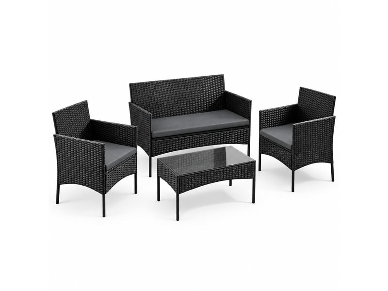  Salon de jardin 4 places noir en rotin pe, canapé 2 places, 2 fauteuils et table basse avec verre trempé 5 mm  - Conforama A