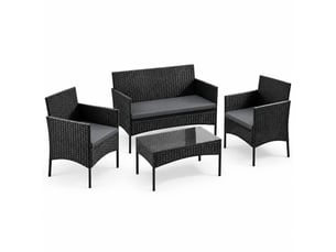 Salon de jardin 4 places noir en rotin pe, canapé 2 places, 2 fauteuils et table basse avec verre trempé 5 mm