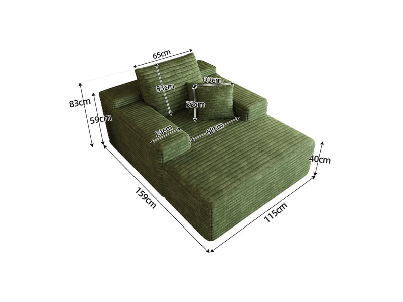  Canapé velours côtelé vert, méridienne assise profonde sans montage pour appartement, 115x159cm  - Conforama C