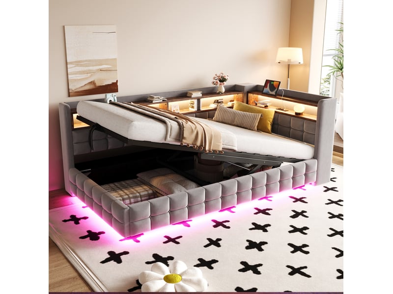  Lit banquette enfant 90x200 cm, lit avec rangement, éclairage led, gain de place, prises usb, finition velours gris clair, sans matelas  - Conforama B