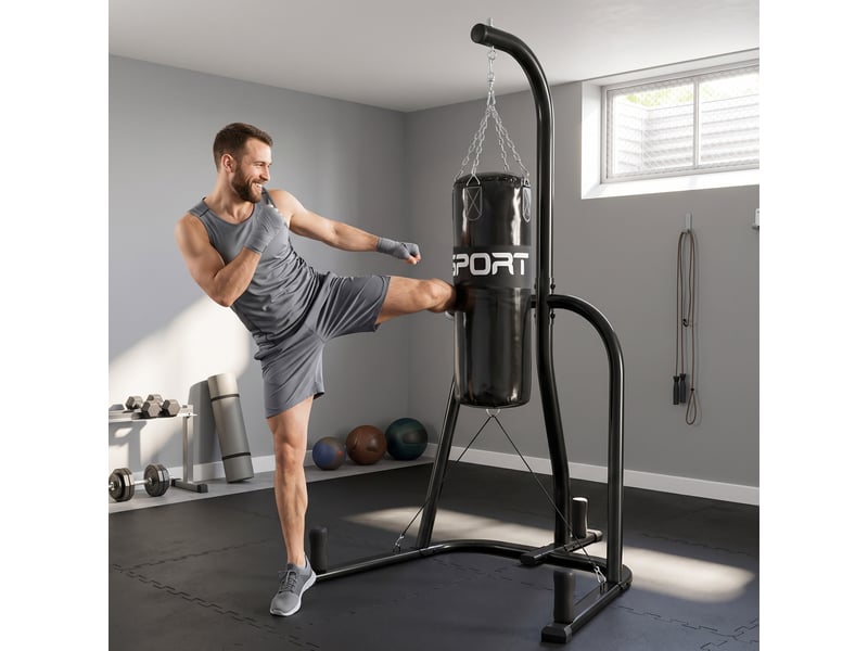  Support pour sac de frappe, support autoportant avec sac de frappe, cordon élastique, chaîne 360°, base en u, porte-disques, acier  - Conforama C