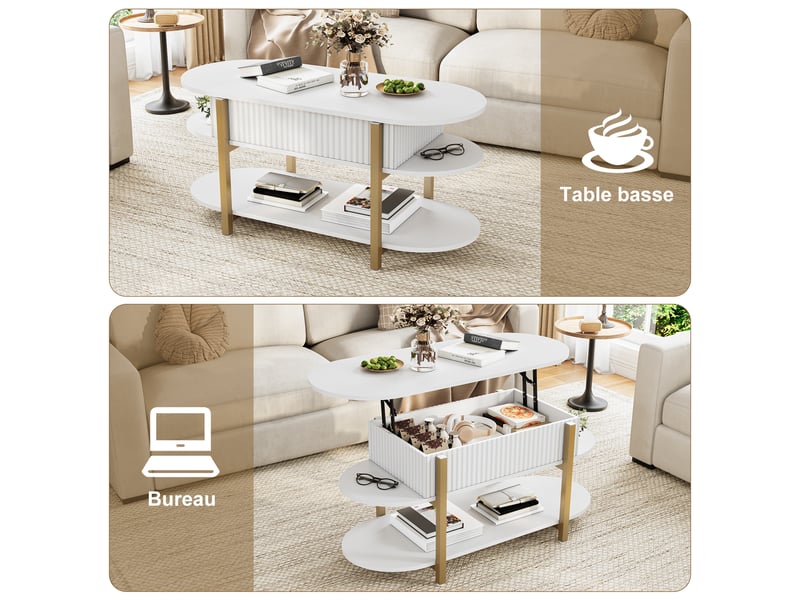 Table basse relevable 106x45x50-63 cm avec rangement multicouche, table de salon et d’appoint, pour salon, métal blanc - Conforama D