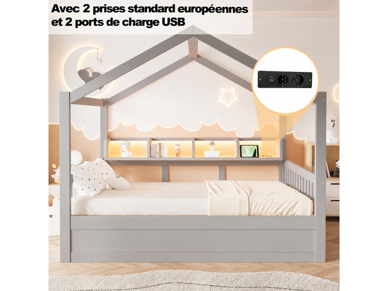 Lit cabane avec coffre hydraulique 140 x 200 cm gris - étagères, éclairage led et prises  - Conforama E
