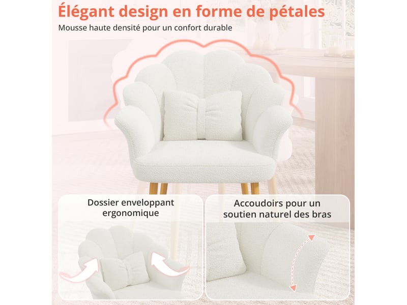  Lot de 4 fauteuils de salle à manger 64x65,5x85 cm, dossier pétale, coussins, pieds en fer doré, tissu blanc  - Conforama E