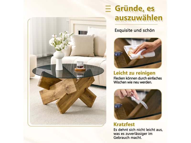  Table basse ronde avec plateau en verre trempé et piètement géométrique, style moderne, en mdf et verre, bois  - Conforama E