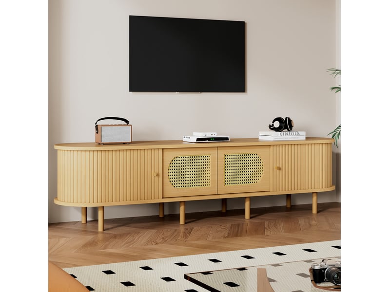  Meuble tv modenvie 180 x 40 x 40 cm en mdf naturel avec portes effet rotin  - Conforama B