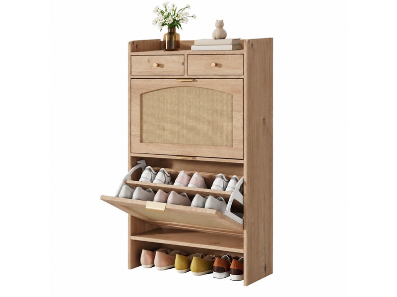  Meuble à chaussures 65×25×106 cm en panneaux de particules avec 2 abattants et 2 tiroirs naturel chicfurn  - Conforama A