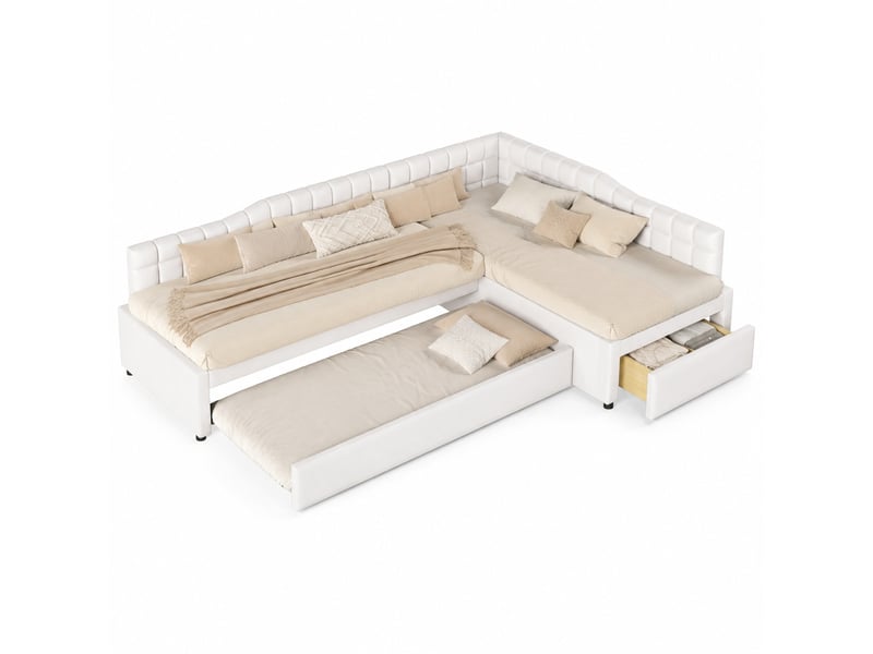  Lit gigogne 90x200+90x200+90x190 cm avec tiroirs en flanelle beige  - Conforama A