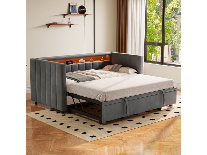  Lit gigogne 90x190 cm, rangement intégré, led et port usb type-c, design capitonné en velours gris  - Conforama E