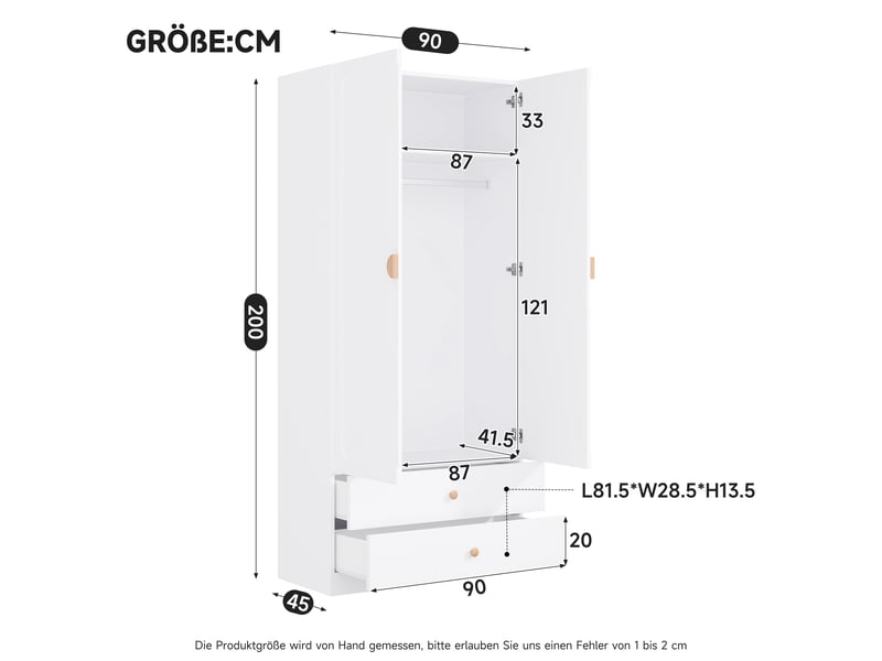  Armoire blanche 2 portes avec 2 tiroirs et penderie - poignées bois massif 90x45x200 cm  - Conforama C