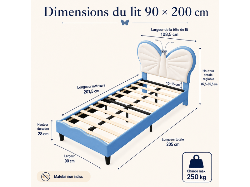  Lit enfant pour une fille 90x190 - sommier à lattes + liseuse + dossier rembourré - tête de lit réglable - 1 personne - lit fille 90x190cm avec led - lit enfant rembourré avec sommier à lattes - tête de lit réglable en papillon …  - Conforama D