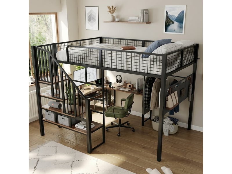  Lit mezzanine tcqpz 140 x 200 cm avec bureau d'angle en l escalier et port de charge noir et aspect bois foncé  - Conforama D