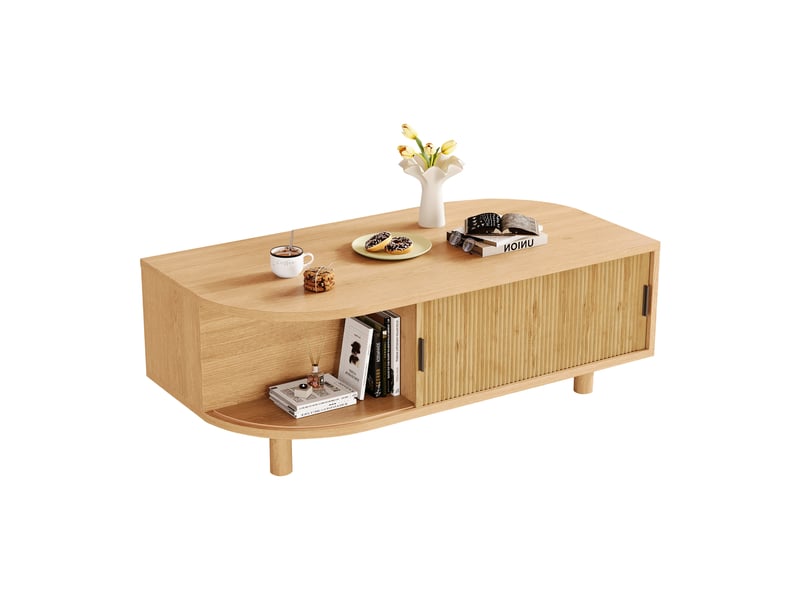 Table basse bois clair, 2 portes coulissantes, rangement, pieds en bois, mdf, charge 30kg, table d’appoint, table de canapé, table à café, table à thé - Conforama A