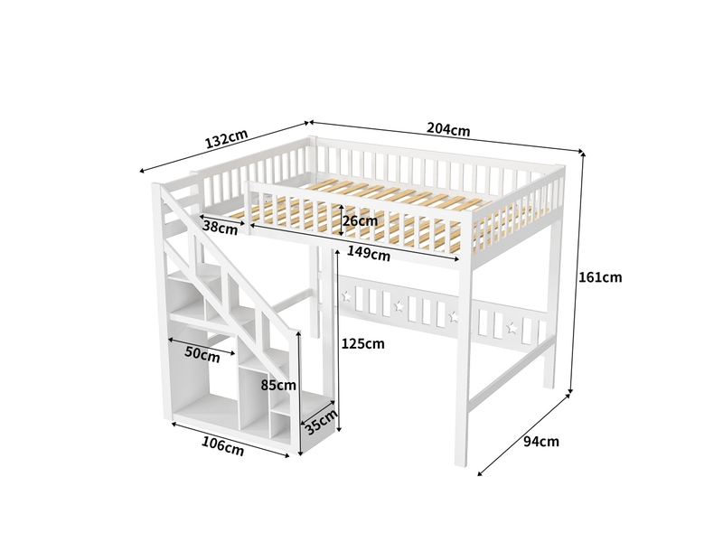 Lit mezzanine 90x200 cm, lit superposé enfant avec escaliers de rangement et barrière de sécurité, sommier à lattes - Conforama C
