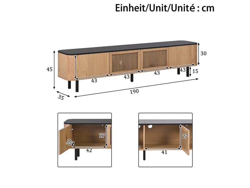  Meuble tv 190x35x45 cm, design unique moderne, panneau tv bas, grand rangement, lowboard moderne, mdf et pb pour salon - chêne  - Conforama C