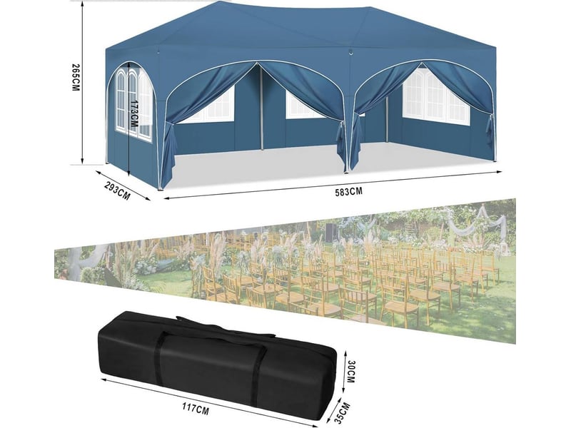 Gazebo 3x6 m bleu avec 6 parois latérales, tente de réception pliable déperlante - Conforama C