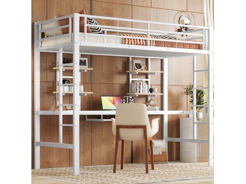  Lit mezzanine 90x200 cm avec bureau et 2 étagères blanc  - Conforama E