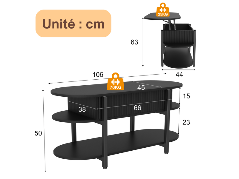 Table basse ovale relevable salon - rangement caché - 2 étagères ouvertes, table basse style crème minimaliste - panneaux cannelés verticaux, table basse multifonction à plateau réglable en hauteur pour salon - nior - Conforama C