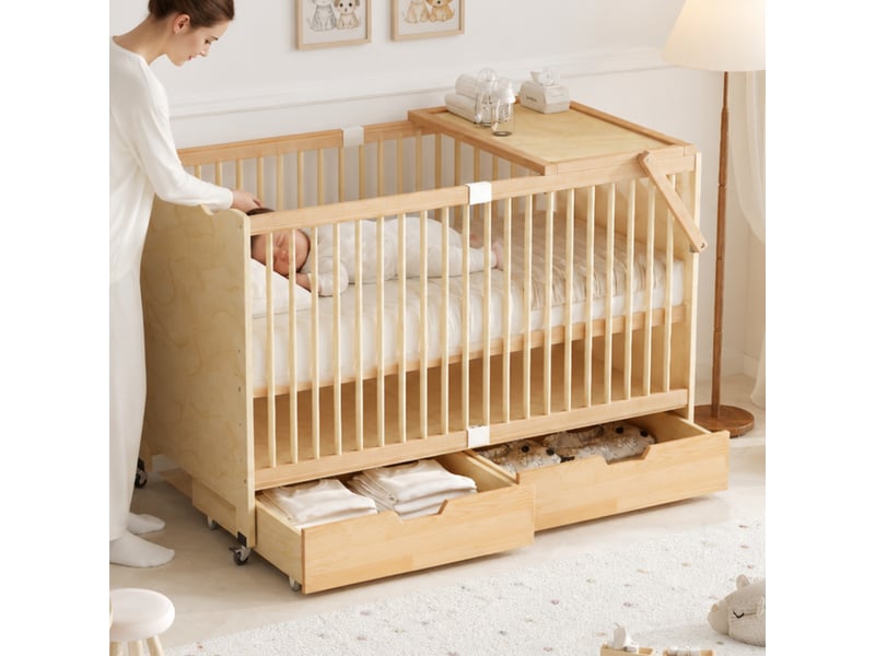  Lit bébé en bois massif 70x140 cm, lit bébé avec tiroirs et table à langer intégrée, pin naturel  - Conforama R