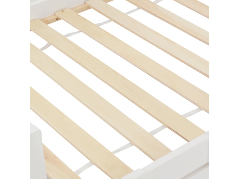  Lit maison enfant, 90×200 cm, avec cheminée, sommier à lattes robuste, pin, blanc, sans matelas  - Conforama E