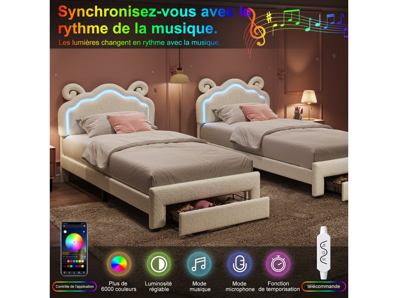 Lit enfant 90x200 cm en teddy bouclé beige - tête de lit en forme de mouton - led 7 couleurs avec application et télécommande - grand tiroir de rangement intégré - sommier à lattes en bois inclus - lit 1 place pour fille, garçon… - Conforama D