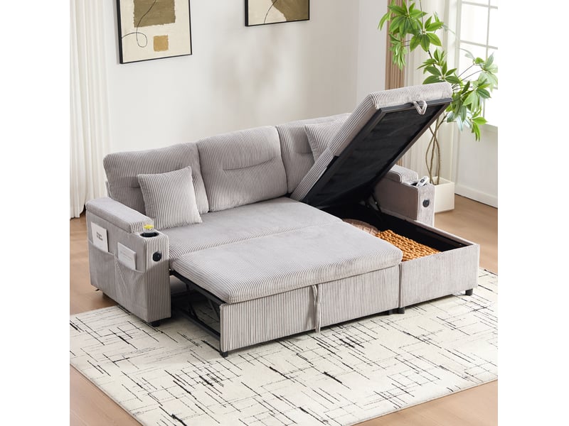  Canapé 3 places 212,5x136x86cm, velours côtelé gris clair, espace de rangement, porte-verres et ports usb-c, confortable et tendre  - Conforama B