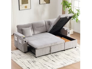 Canapé 3 places 212,5x136x86cm, velours côtelé gris clair, espace de rangement, porte-verres et ports usb-c, confortable et tendre