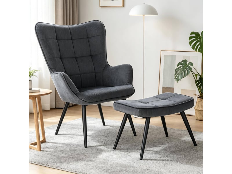  Fauteuil avec pouf en velours côtelé avec dossier haut et structure métallique gris foncé  - Conforama D