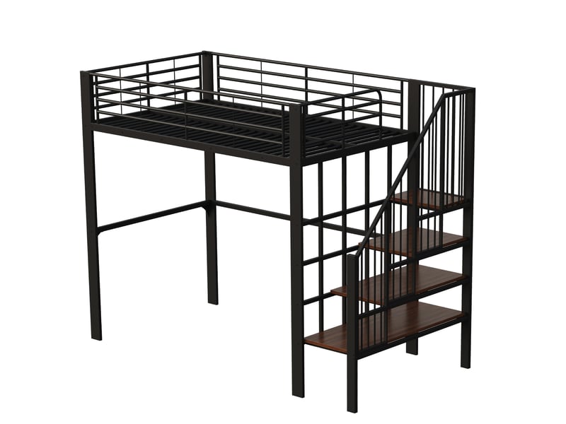  Lit mezzanine 2 places - 140x200 cm - noir - métal &amp; bois - escalier intégré  - Conforama W