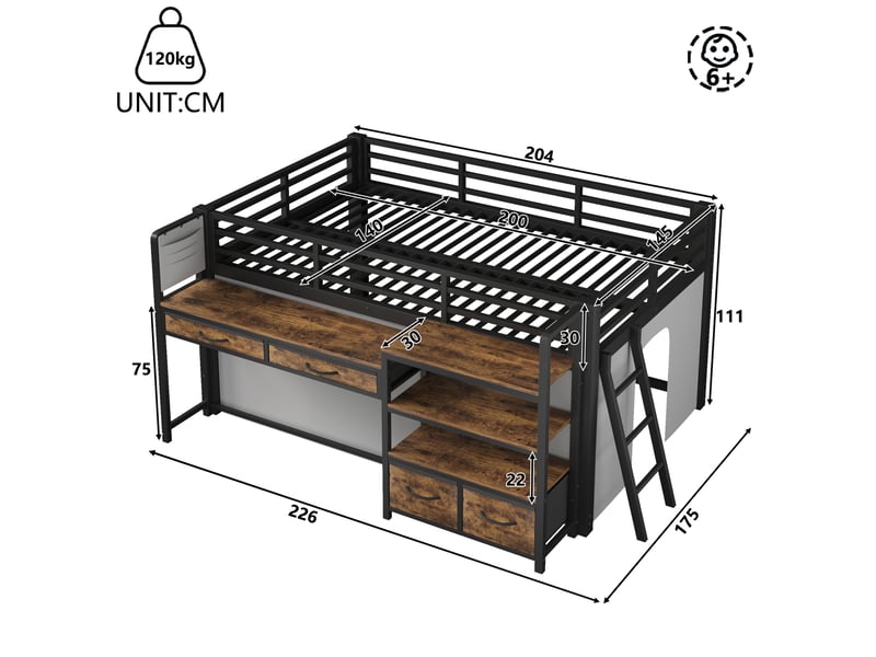  Lit mezzanine 140x200 cm en métal et mdf avec bureau, rangement, tiroirs en tissu, rideau et led noir chicfurn  - Conforama D