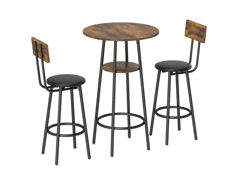  Ensemble table de bar 60x60x91 cm et 2 tabourets avec dossier, style industriel marron  - Conforama A