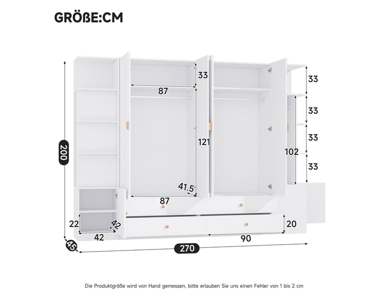  Armoire 6 portes tcqpz 270 x 45 x 200 cm 4 tiroirs 4 penderies mdf bois acier blanche  - Conforama C