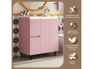 Meuble salle de bain rose sur pied avec vasque en céramique intégrée 76 cm