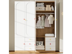 Armoire enfant 2 portes avec tiroirs, tringle, poignées céramique colorées, blanc, finition laquée