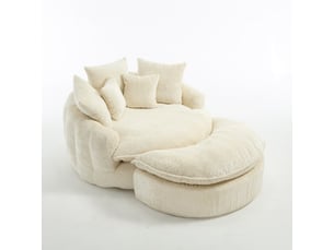 Fauteuil lounge xxl 190,5x138 cm en polyester beige, assise mousse haute densité, coussins et pouf, canapé nuage compressé sans montage