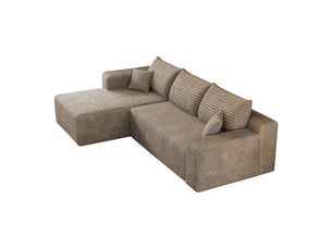 Canapé d'angle modulable 3 places en velours côtelé camel, 241 x 151 x 84 cm, méridienne gauche, sans montage, livré compressé, assise profonde