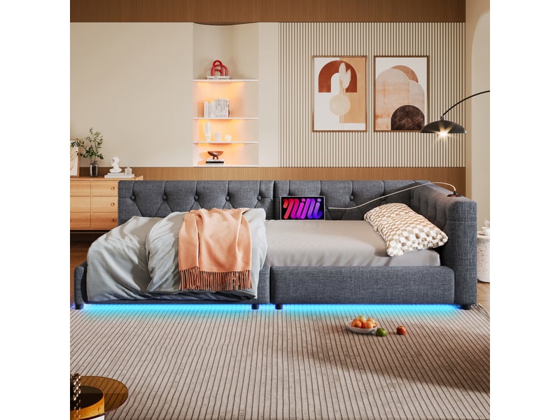  Canapé-lit 90 x 200 cm avec usb + type-c, lit simple avec led éclairage, lit adulte, lit 1 personne, gris, tête de lit capitonnée  - Conforama R