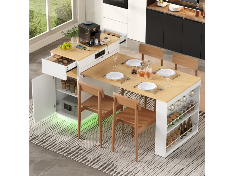 Desserte de cuisine extensible 58x80,5x94 cm, crochets et prises, roulettes, blanc, mdf et panneau de particules - Conforama D