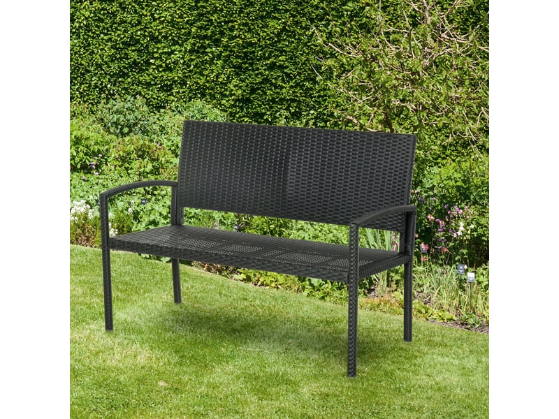  Banc de jardin aspect rotin, structure en acier, pour 2 personnes, noir, 122 x 60 x 85 cm  - Conforama C