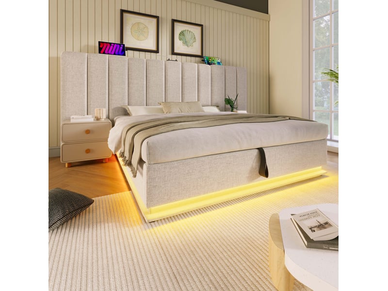 Lit double coffre 180 x 200 cm beige avec led, usb-c et matelas - Conforama D