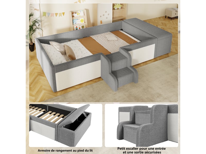  Lit enfant 90x190 cm rembourré en bouclé gris, avec petite échelle, banquette coffre de rangement mobile, barrières de sécurité et design confortable  - Conforama E