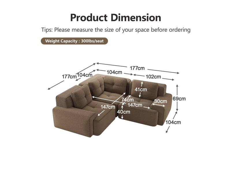  Canapé d'angle modulaire sans armature avec assise profonde et base antidérapante, en velours côtelé brun  - Conforama E