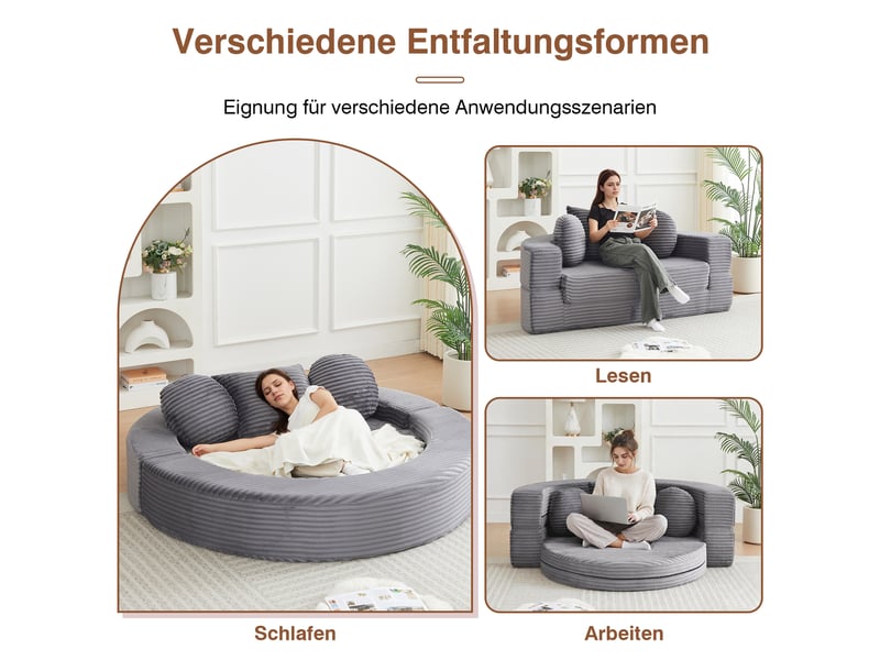  Canapé convertible 4-en-1 en velours côtelé, demi-lune ou lit rond, 3 coussins inclus, sans montage, design compact  - Conforama E