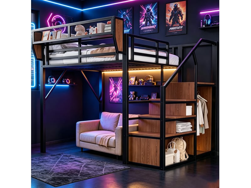  Lit mezzanine 140x200 cm en métal avec led, échelle de sécurité et étagères, noir  - Conforama D