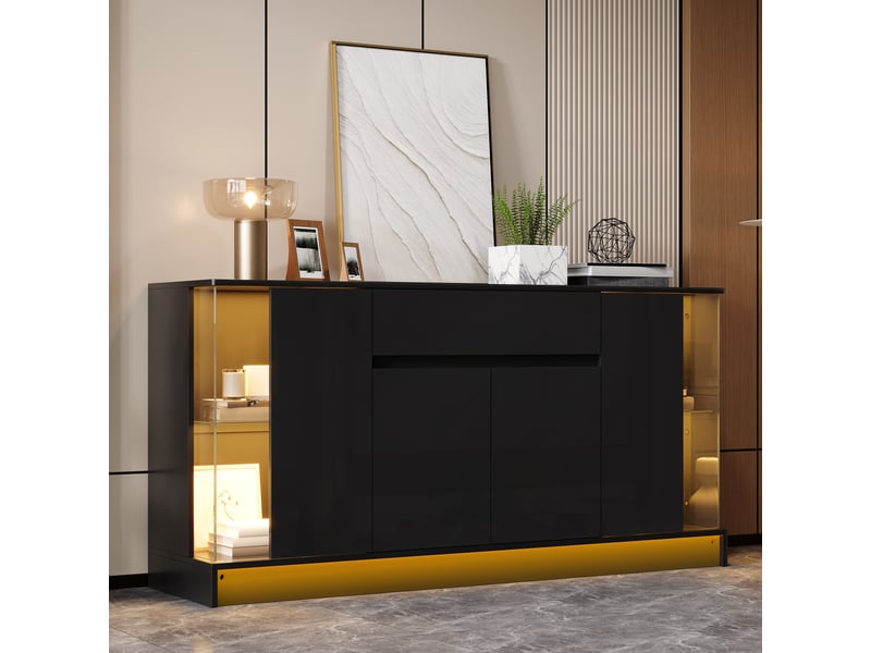  Buffet 4 porte(s) 1 tiroir(s) - 150 cm noir led panneau de particules buffet noir - Conforama B
